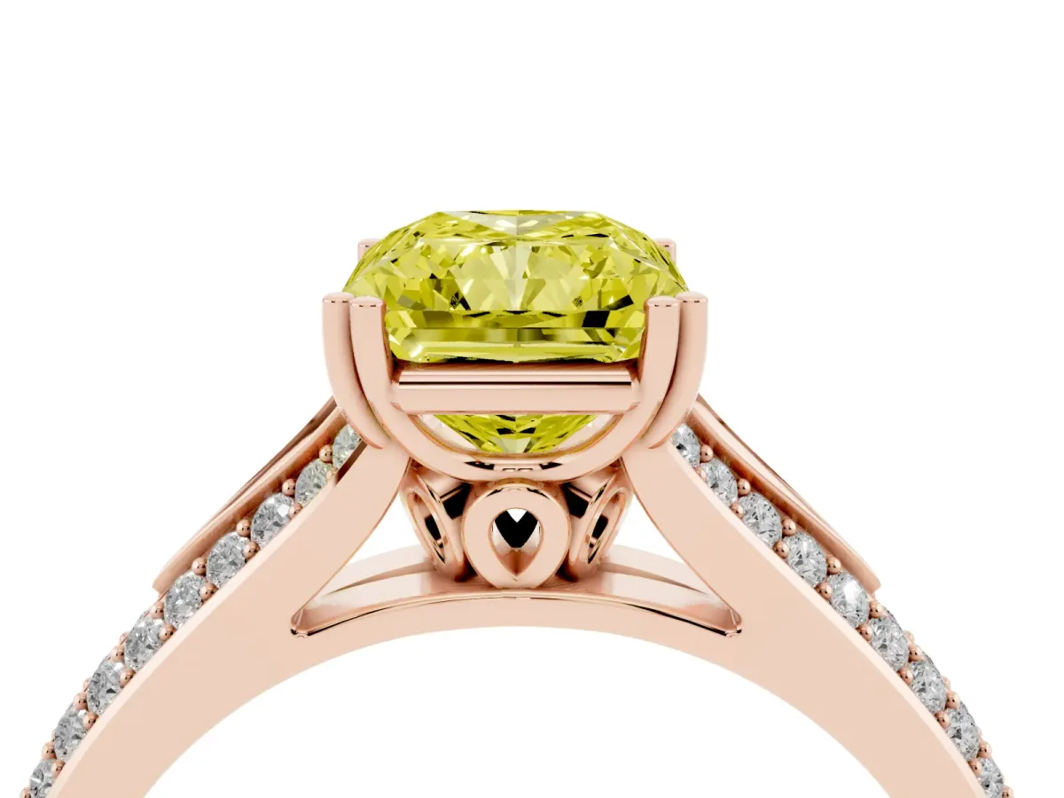 Fancy Yellow Radiant Cut Diamond Split Shank Engagement Ring with Pavé Band Rose gold