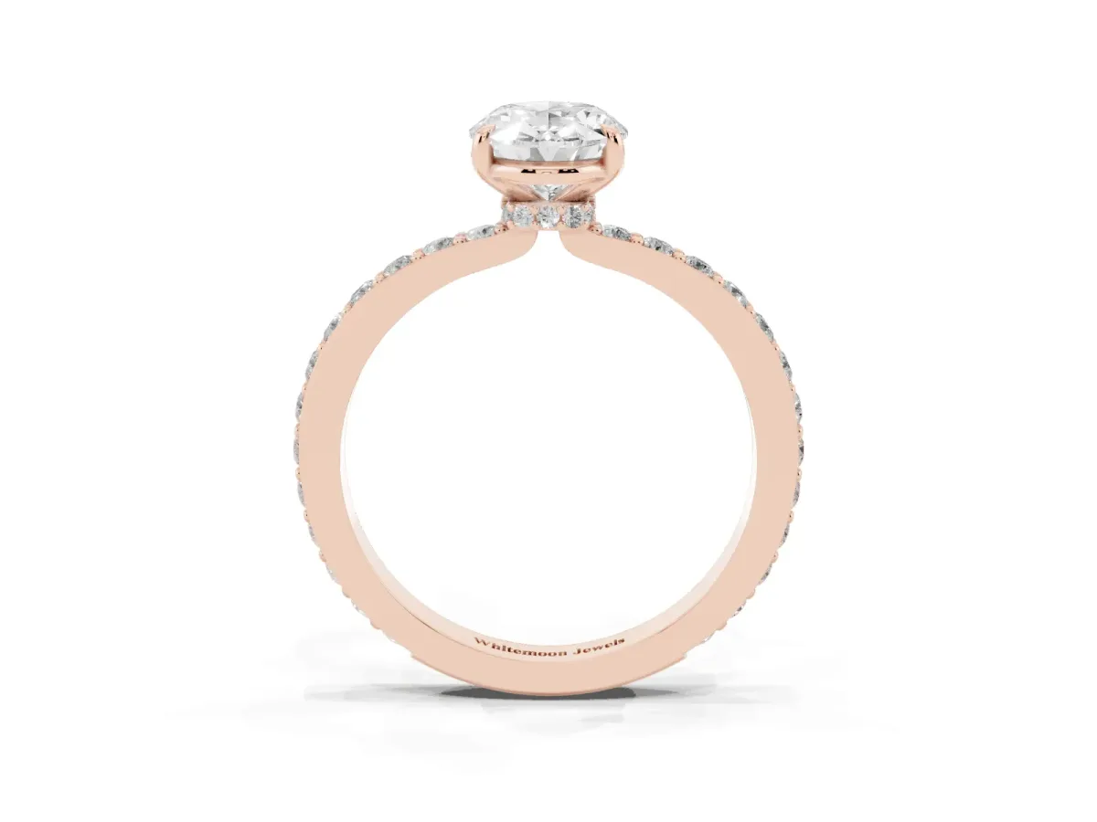 Oval Cut Diamond Pavé Engagement Ring with Round Accents and Prong Setting Rose gold