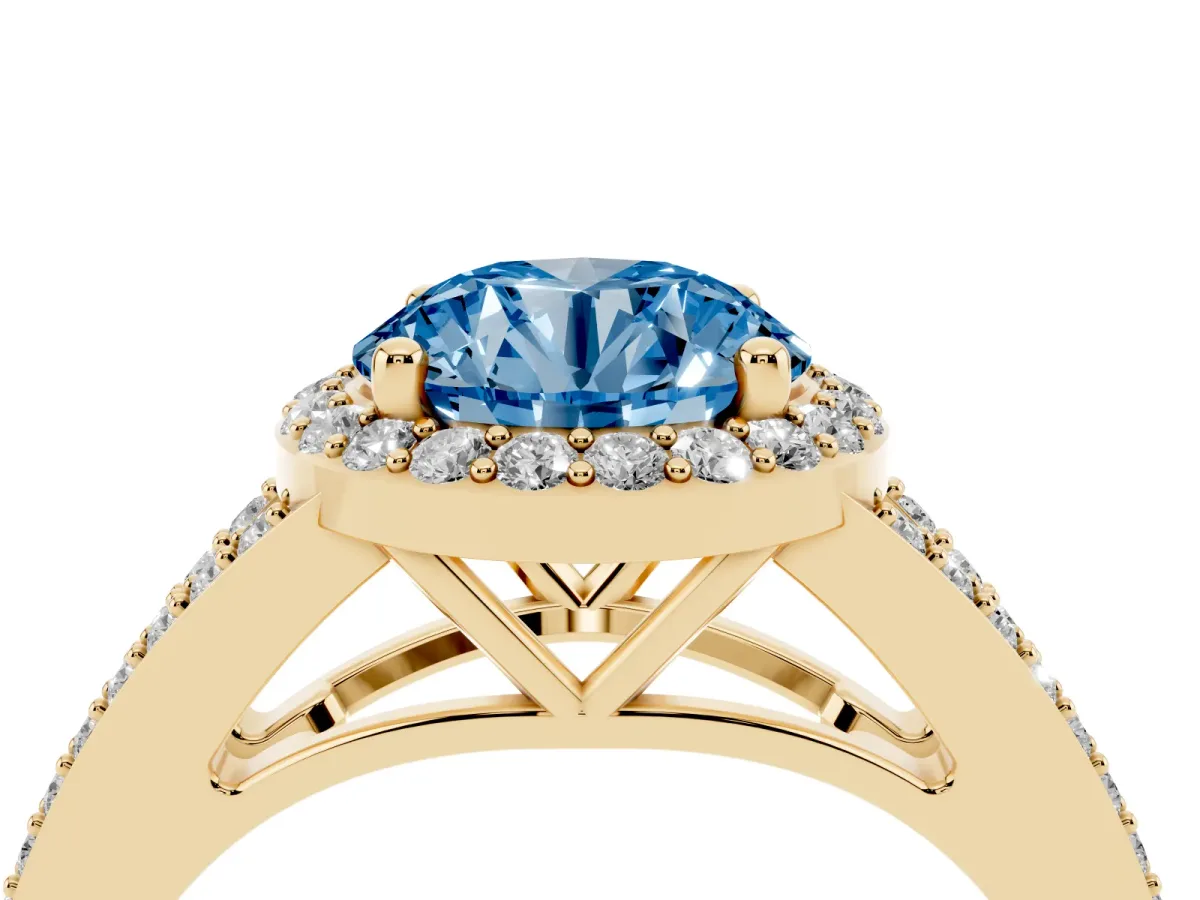 Fancy Blue Round Cut Halo Split Shank Diamond Ring with Prong Setting Yellow gold