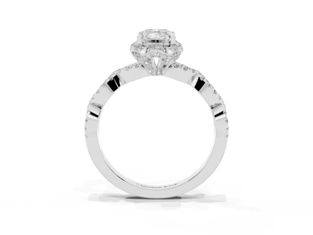Emerald Cut Halo Twist Band Solitaire Ring with Six-Prong Setting Silver