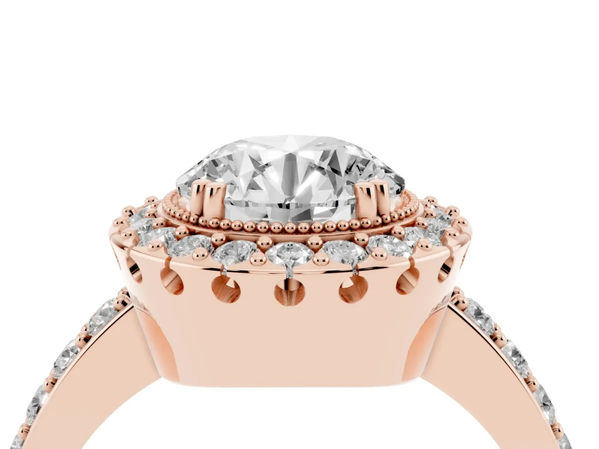 Round Cut Diamond Halo Ring with Pavé Band and Prong Setting Rose gold
