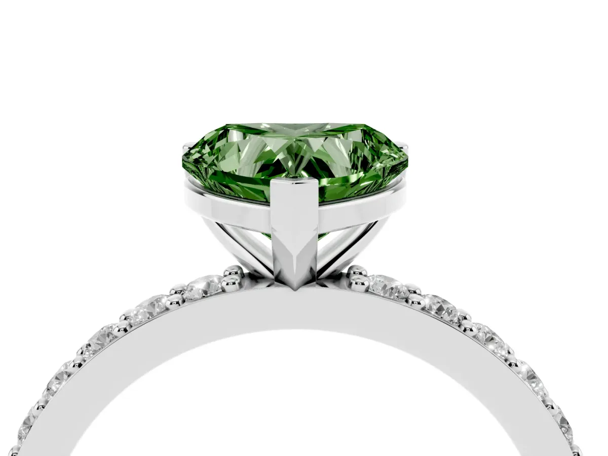 Fancy Green Heart Cut Cut Diamond Solitaire with Pave Band and Four-Prong Setting Silver