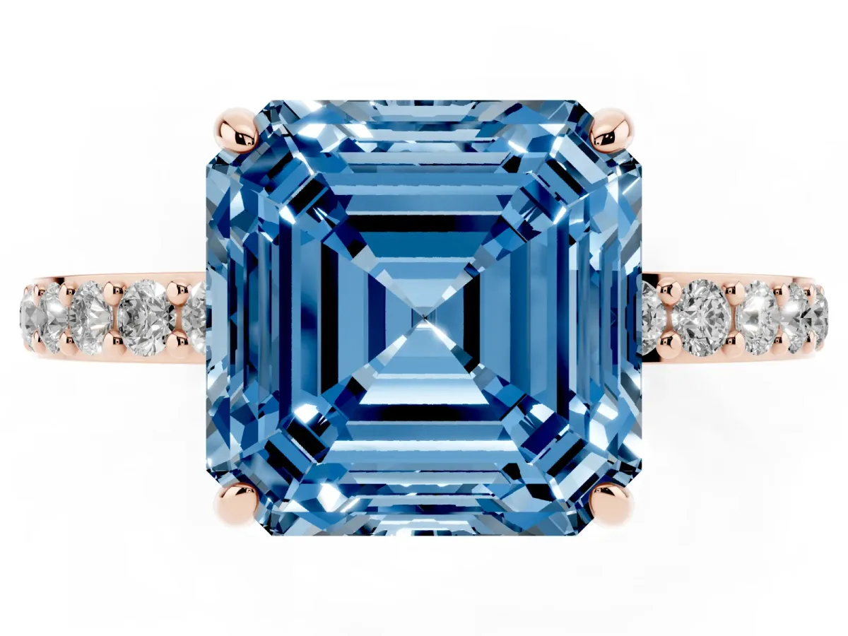 Fancy Blue Asscher Cut Diamond Pavé Engagement Ring with Round Accents and Prong Setting Rose gold