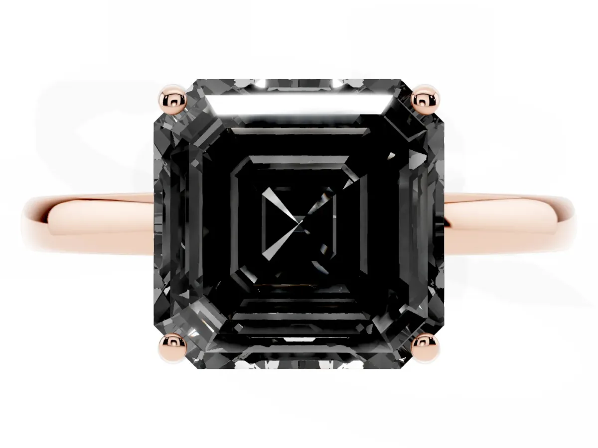 Fancy Black Asscher Cut Solitaire Diamond Ring with Prong Setting and Plain Band Rose gold