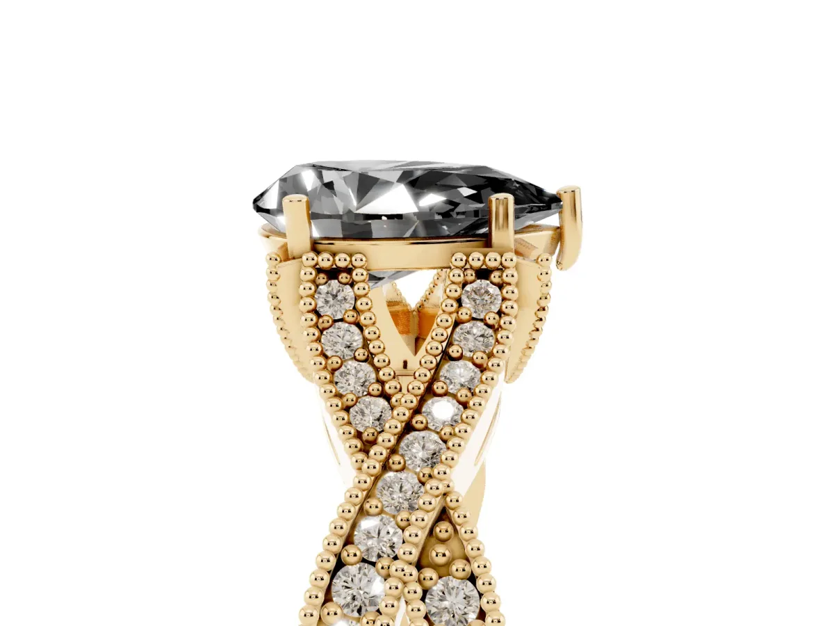 Fancy Black Pear Cut Cut Diamond Twisted Band with Milgrain Pave Setting and Four-Prong Setting Yellow gold