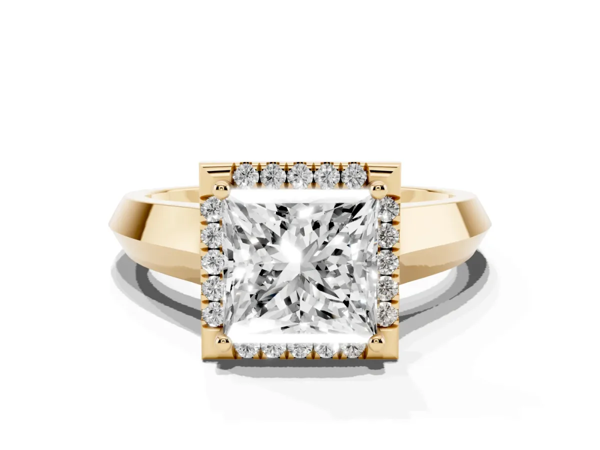 Princess Cut Halo Diamond Ring with Cathedral Band and Four-Prong Setting Yellow gold
