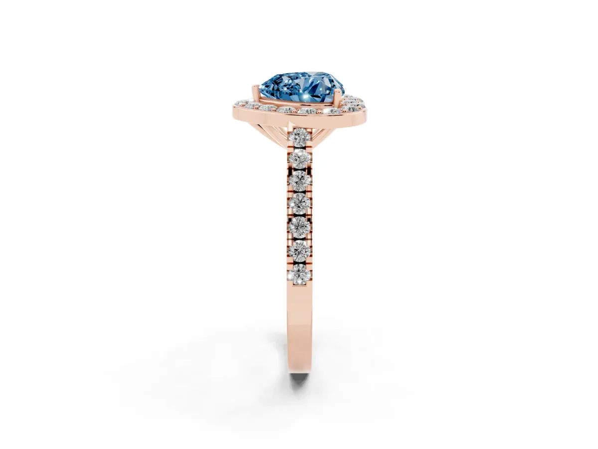 Fancy Blue Heart Cut Diamond Halo Ring with Round Pavé Split Shank and Prong Setting Rose gold