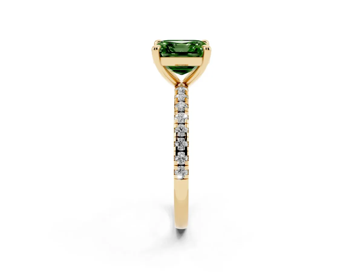 Fancy Green Asscher Cut Diamond Brilliant Solitaire Ring with Pavé Band and Four-Prong Setting Yellow gold