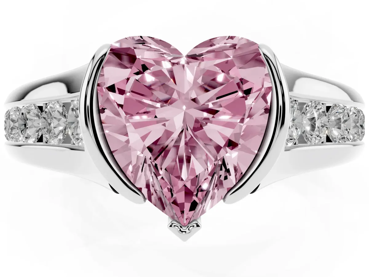Fancy Pink Heart Cut Solitaire Bezel-Set Diamond Ring with Channel-Set Band Silver