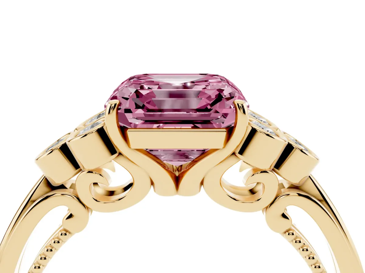 Fancy Pink Asscher Cut Cut Diamond Engagement Ring with Bezel Set Round Side Stones and Prong Setting Yellow gold