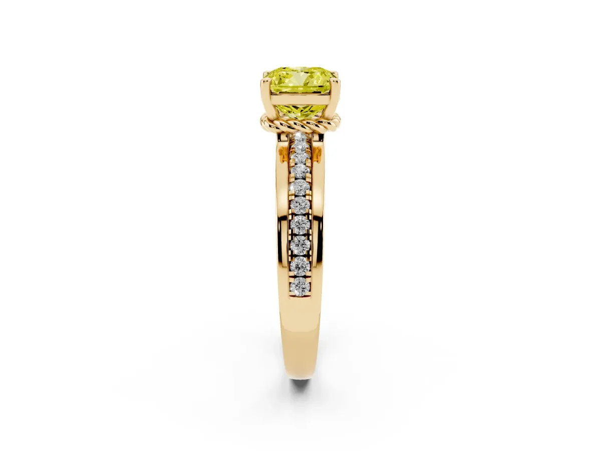 Fancy Yellow Cushion Cut Solitaire Diamond Ring with Channel Set Band and Six-Prong Setting Yellow gold