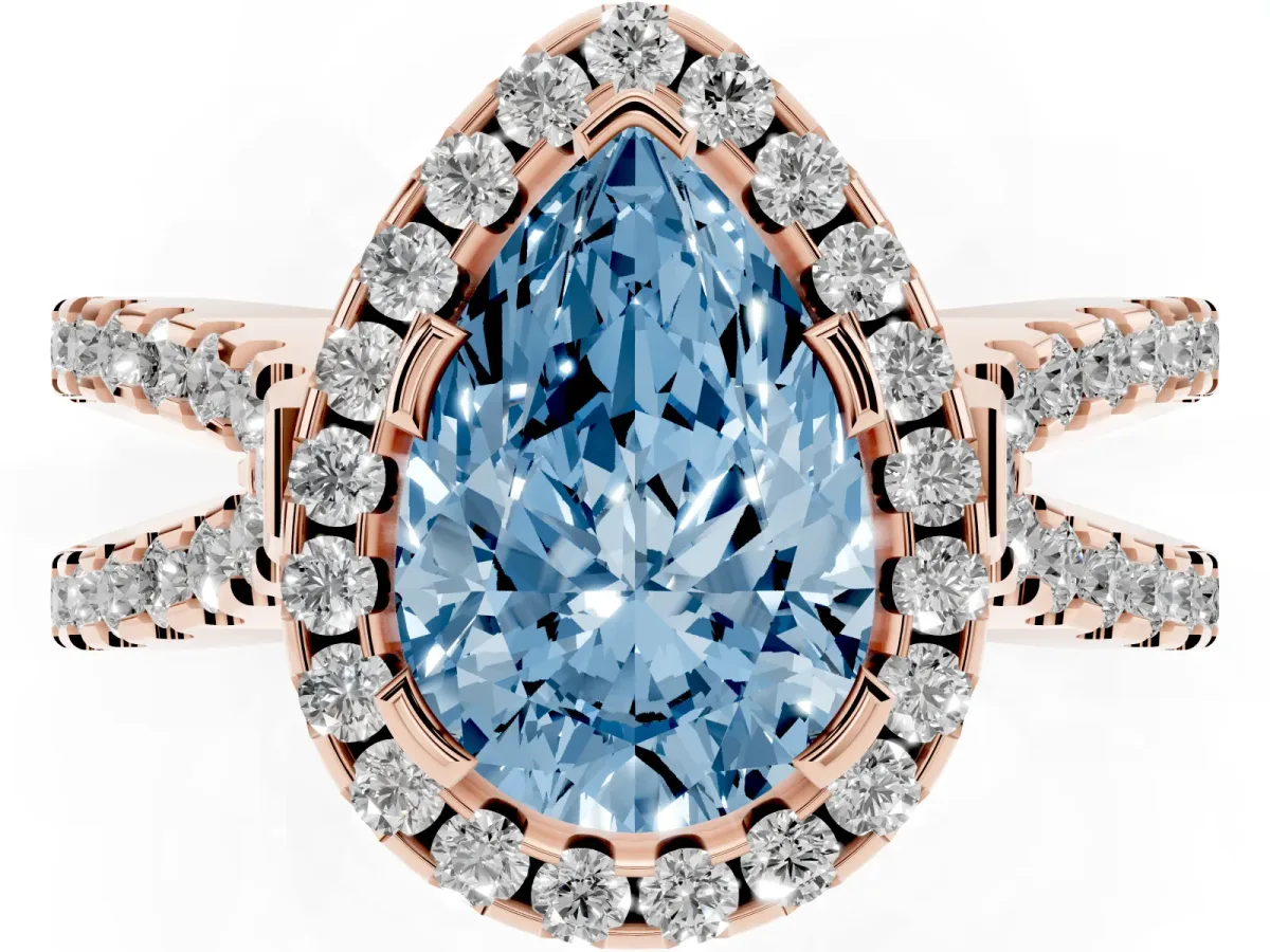 Fancy Blue Pear Cut Diamond Halo Ring with Split Shank Pavé Band and Prong Setting Rose gold