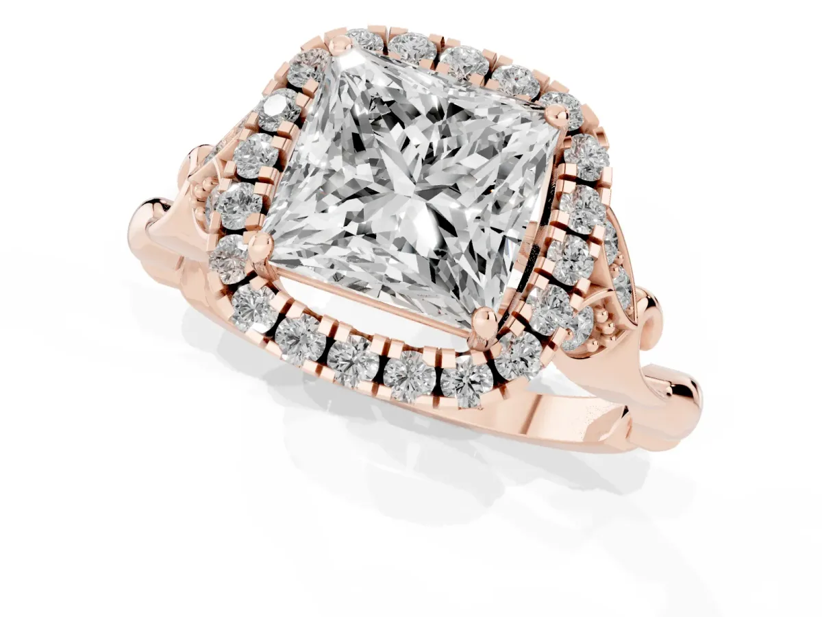 Princess Cut Halo Diamond Engagement Ring with Vintage-Inspired Band and Four-Prong Setting Rose gold