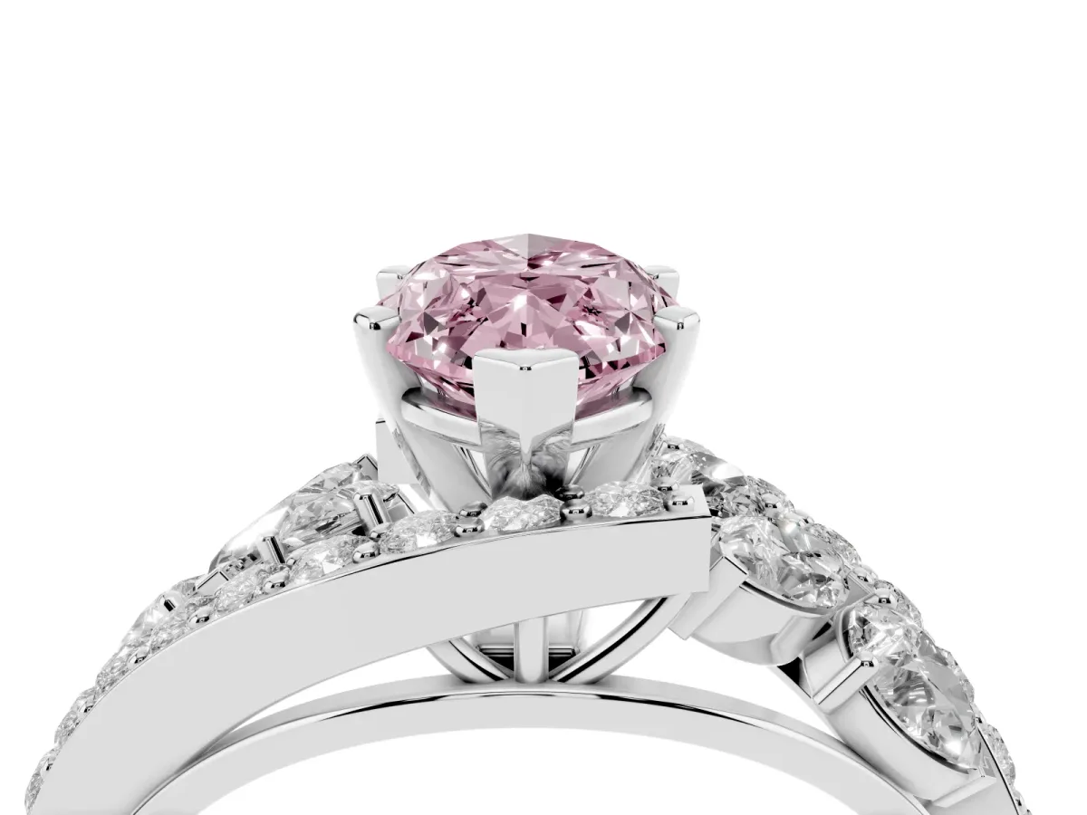 Fancy Pink Marquise Cut Diamond Halo Ring with Marquise and Pavé Band in Prong Setting Silver