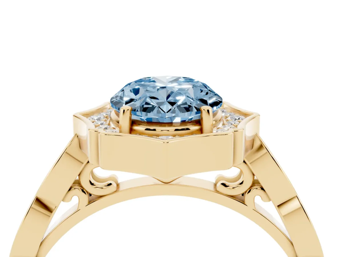 Fancy Blue Oval Cut Halo Diamond Engagement Ring with Milgrain Band and Four-Prong Setting Yellow gold