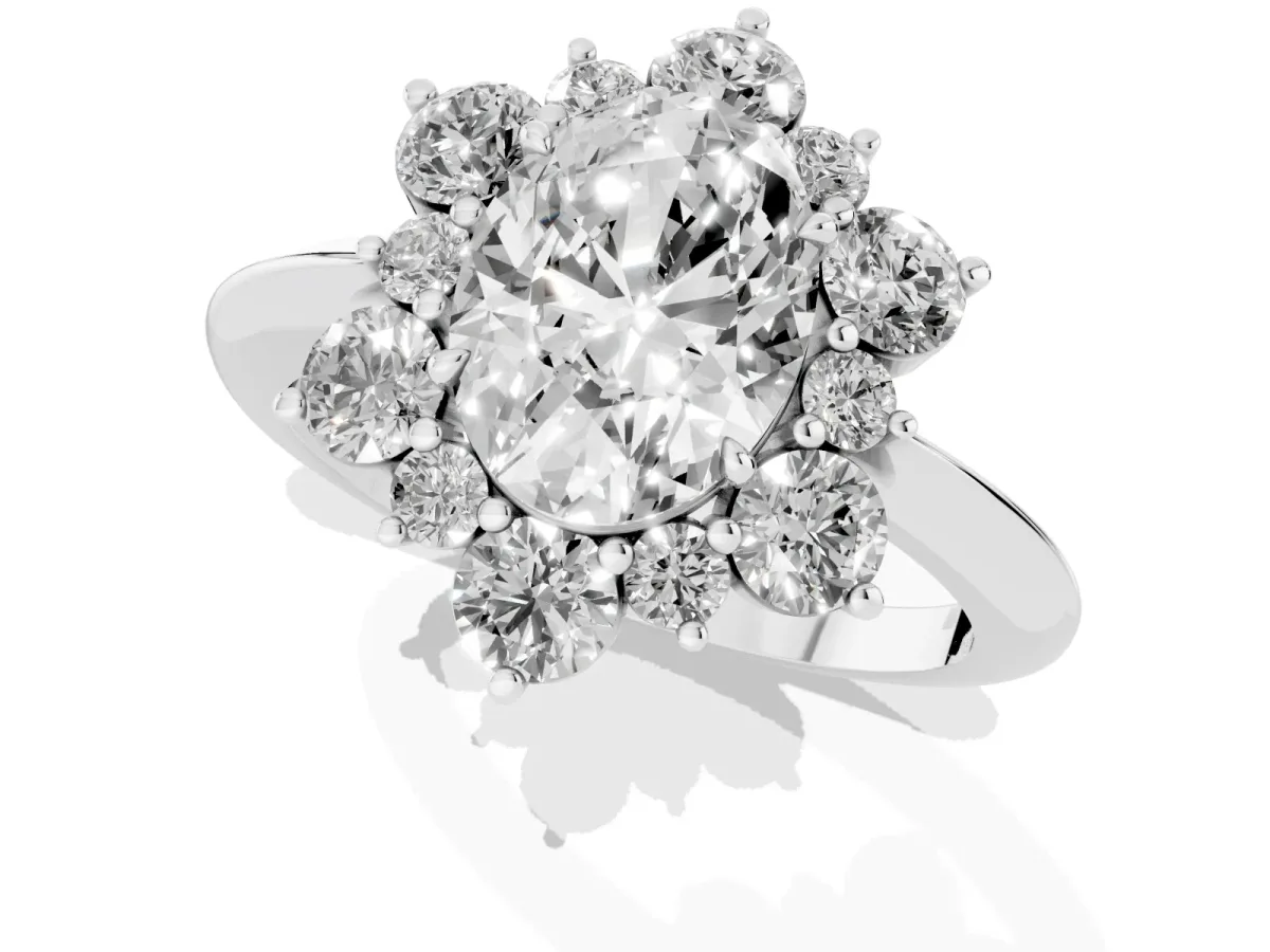 Oval Cut Diamond Cluster Halo Ring with Solitaire Band and Four-Prong Setting Silver