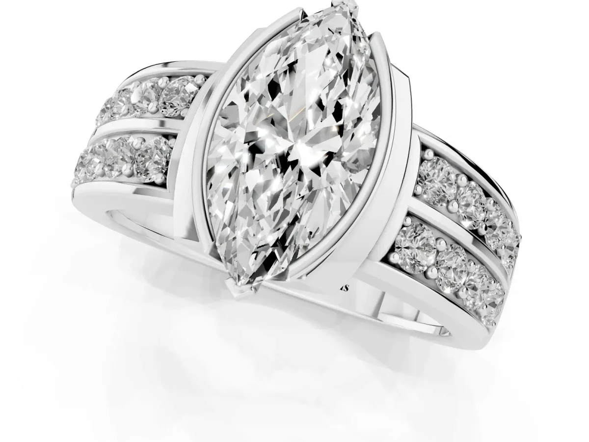 Marquise Cut Brilliant Diamond Channel Set Wide Band Ring with Bezel Setting Silver