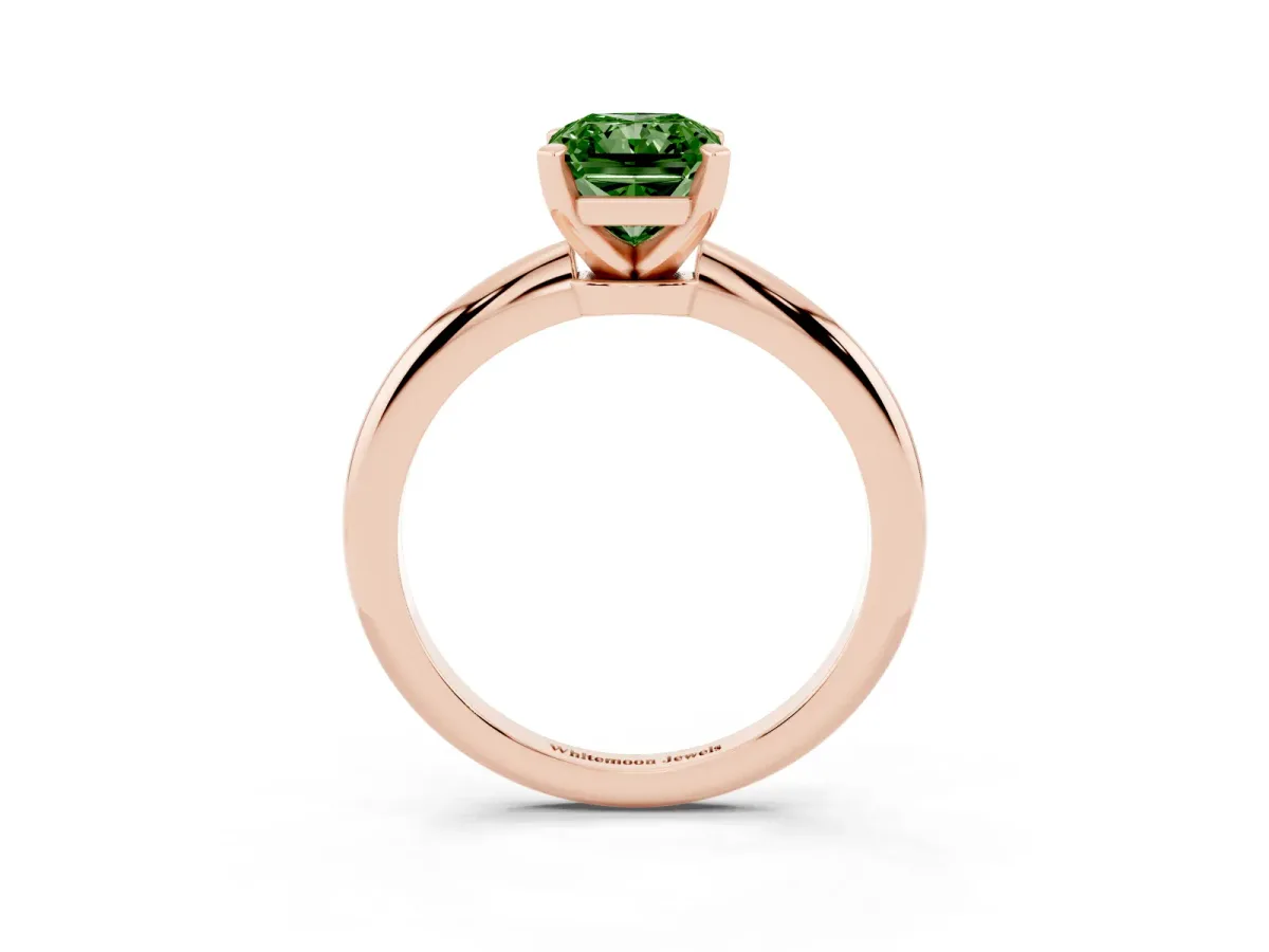 Fancy Green Radiant Cut Diamond Solitaire Ring with Prong Setting and Classic Band Rose gold