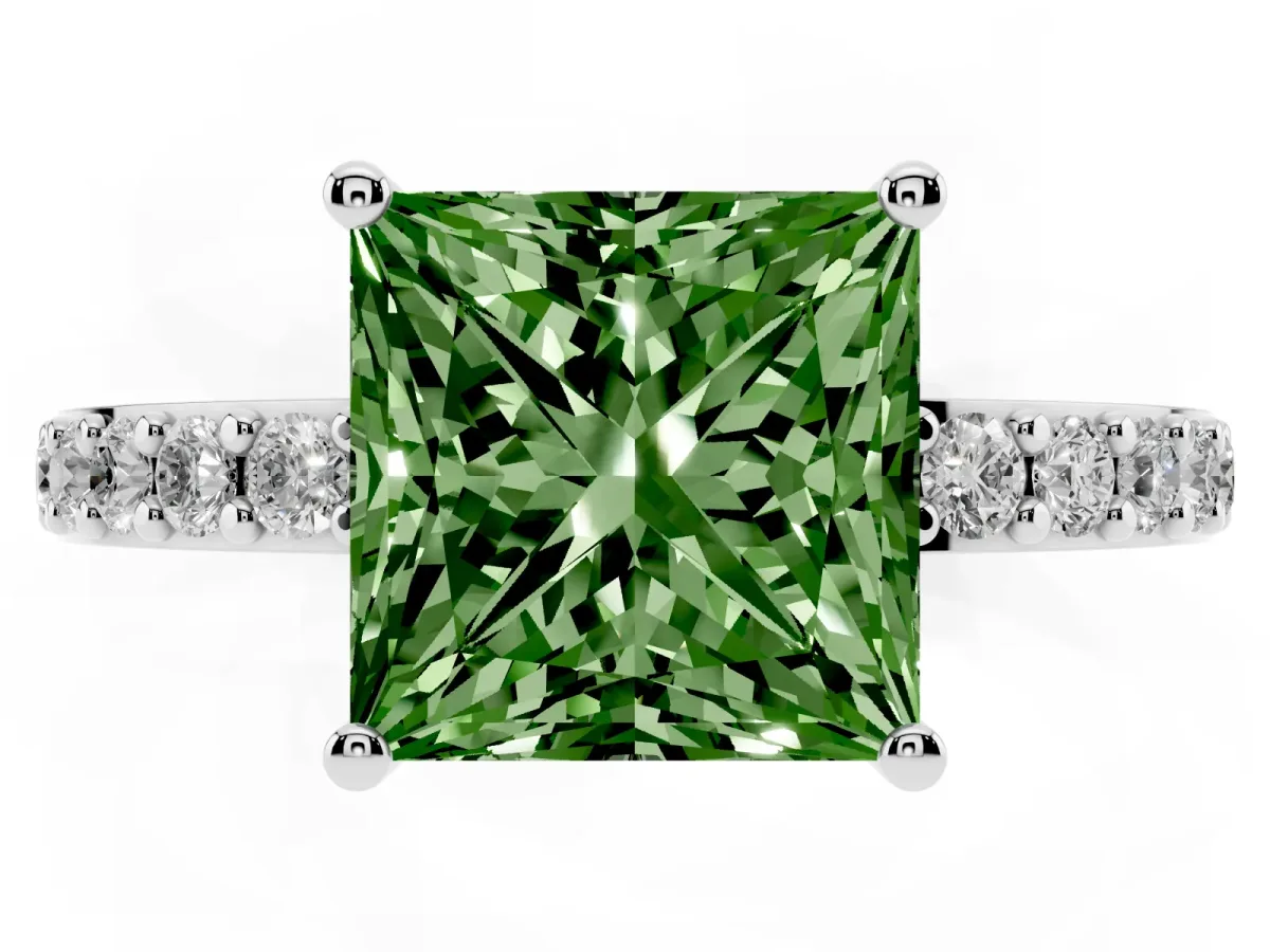 Fancy Green Princess Cut Cut Diamond Solitaire with Pave Band and Four-Prong Setting Silver