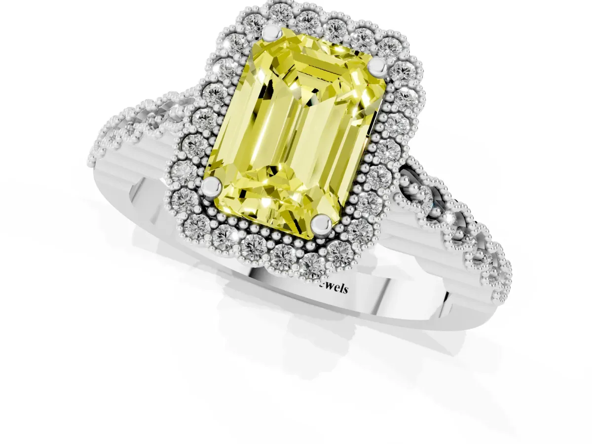 Fancy Yellow Emerald Cut Cut Halo Pavé Solitaire Ring with Milgrain Band Silver