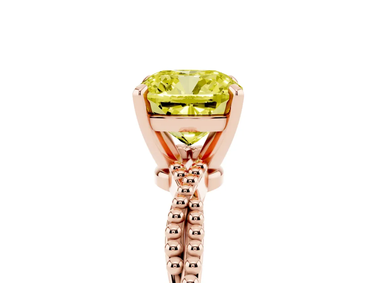 Fancy Yellow Cushion Cut Solitaire Twisted Band with Bead Prong Setting Rose gold
