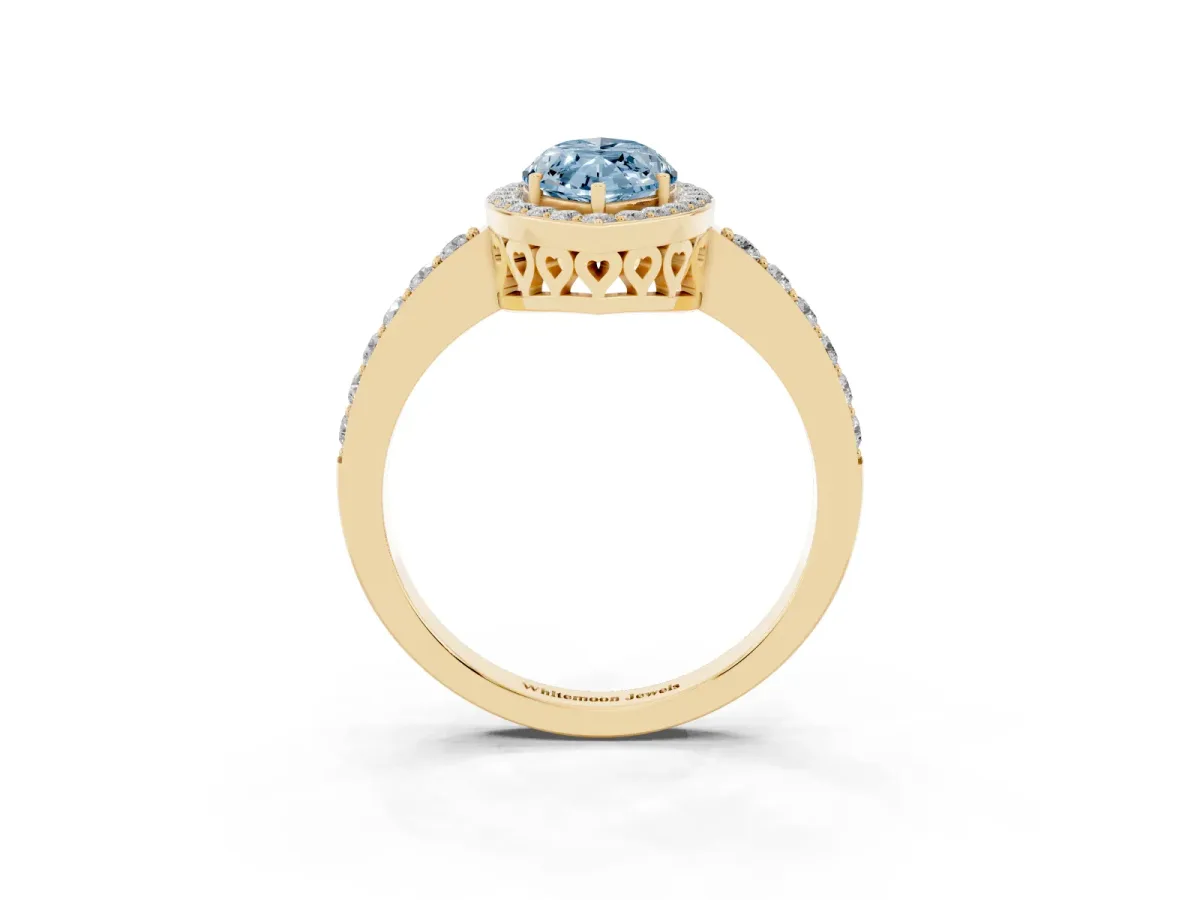 Fancy Blue Marquise Cut Halo Diamond Pavé Band Ring with Prong Setting Yellow gold