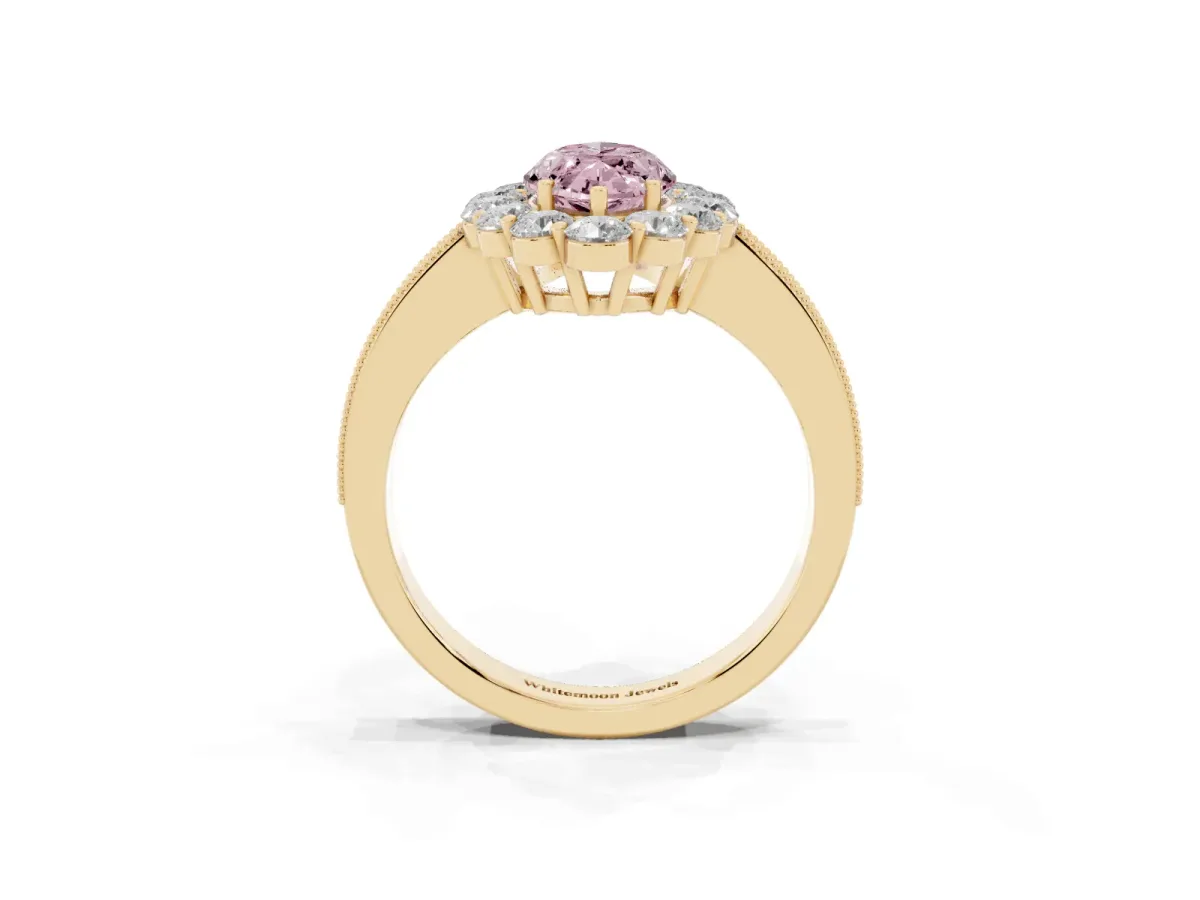 Fancy Pink Marquise Cut Cut Halo Diamond Pavé Engagement Ring with Milgrain Detailing Yellow gold