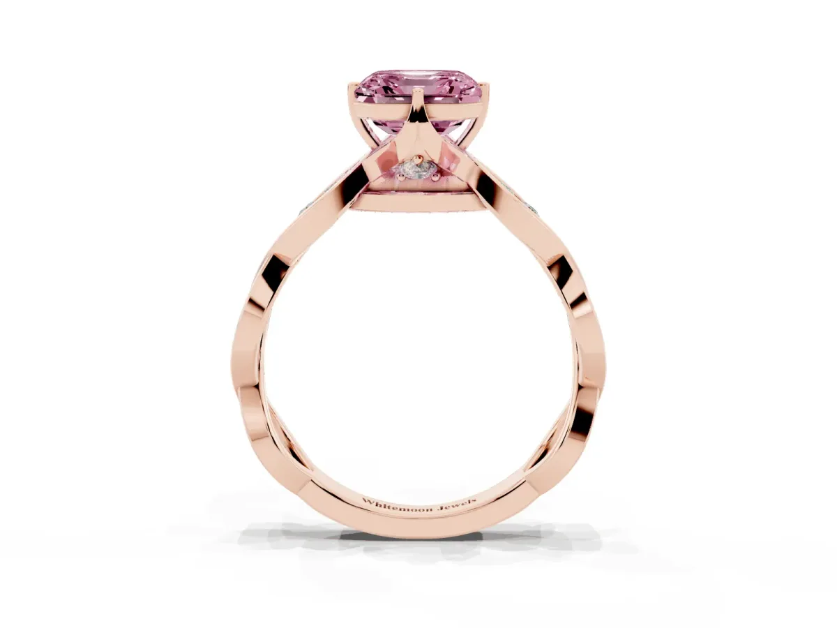 Fancy Pink Asscher Cut Solitaire Twist Band with Leaf Prong Setting Rose gold