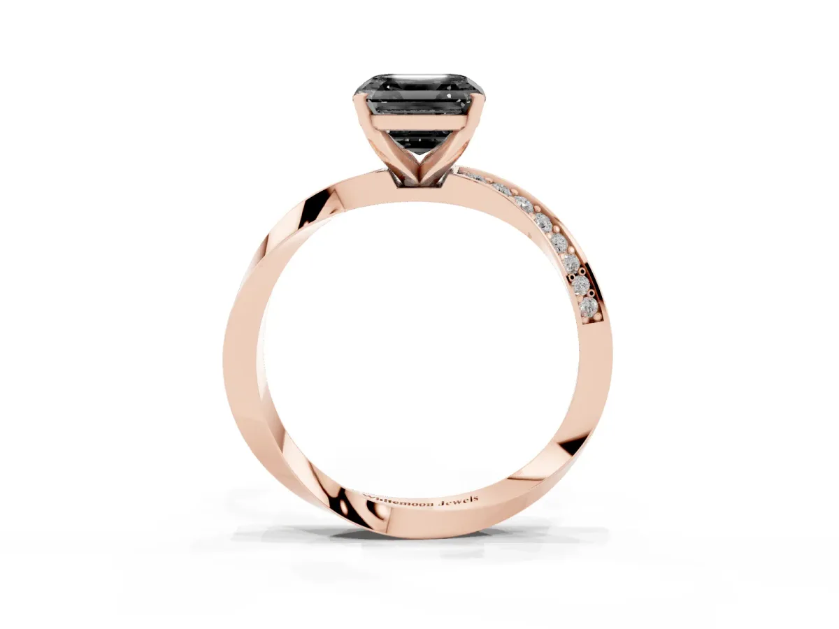 Fancy Black Asscher Cut Diamond Engagement Ring with Side Stone Accents and Four-Prong Setting Rose gold