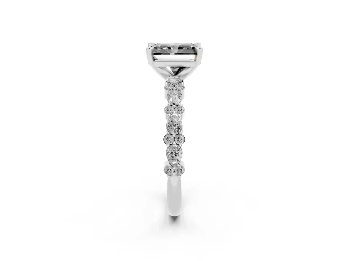 Fancy Black Radiant Cut Diamond Side Stone Solitaire Ring with Round and Four-Prong Setting Platinum