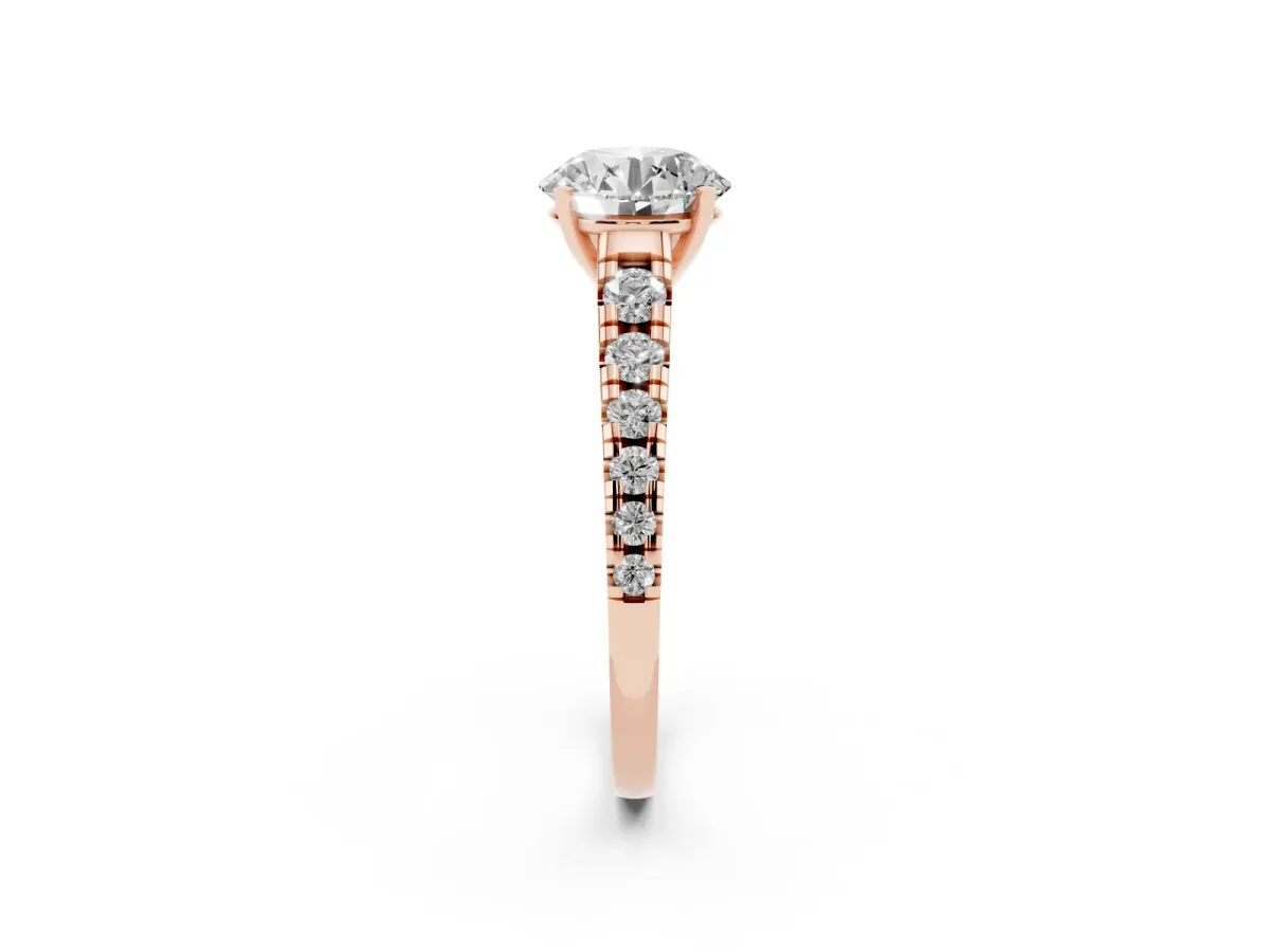 Round Cut Diamond Cathedral Solitaire Ring with Round Pavé Band Rose gold