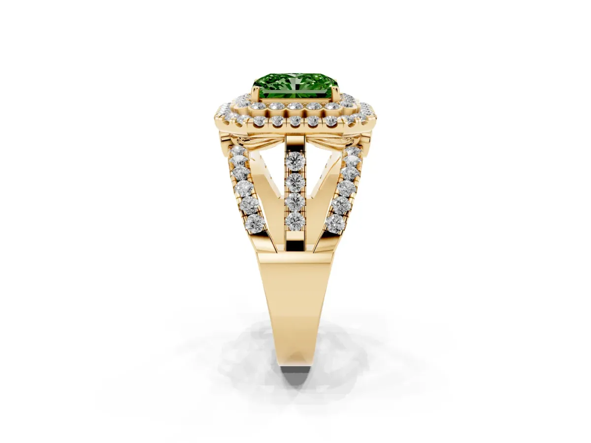 Fancy Green Radiant Cut Diamond Double Halo Ring with Round Pavé Split Shank and Prong Setting Yellow gold