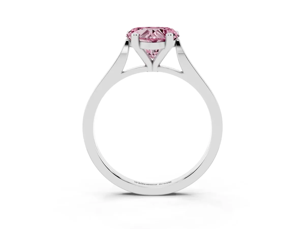 Fancy Pink Heart Cut Solitaire Diamond Ring with Four-Prong Setting and Tapered Band Silver