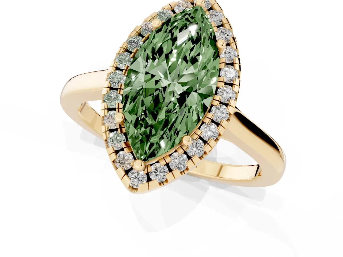 Fancy Green Marquise Cut Halo Round Diamond Solitaire Ring with Pavé Band and Four-Prong Setting Yellow gold