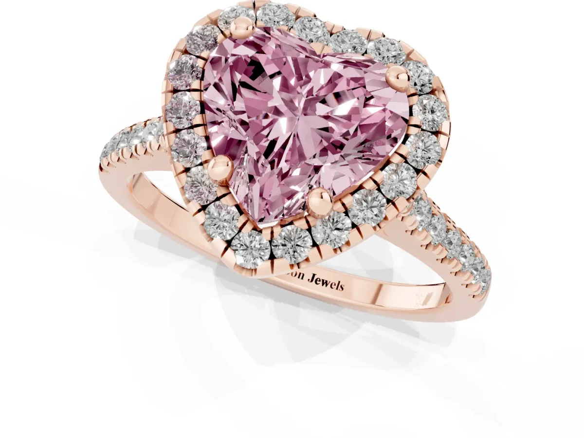 Fancy Pink Heart Cut Diamond Cushion Halo Ring with Pavé Band Rose gold