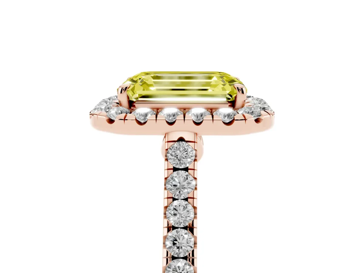 Fancy Yellow Emerald Cut Halo Pave Diamond Engagement Ring with Four-Prong Setting Rose gold