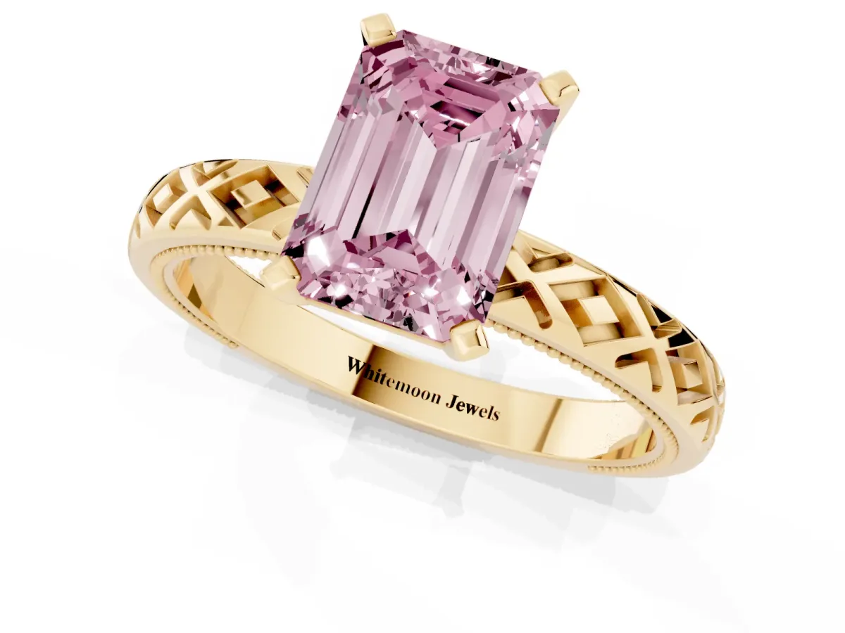 Fancy Pink Emerald Cut Solitaire Diamond Ring with Milgrain and Black Enamel X Pattern Band Yellow gold