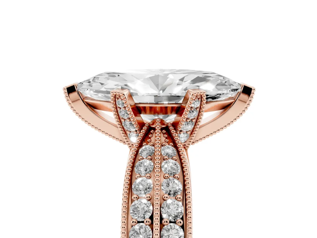 Marquise Cut Diamond Solitaire Ring with Milgrain Round Pavé Band and Prong Setting Rose gold