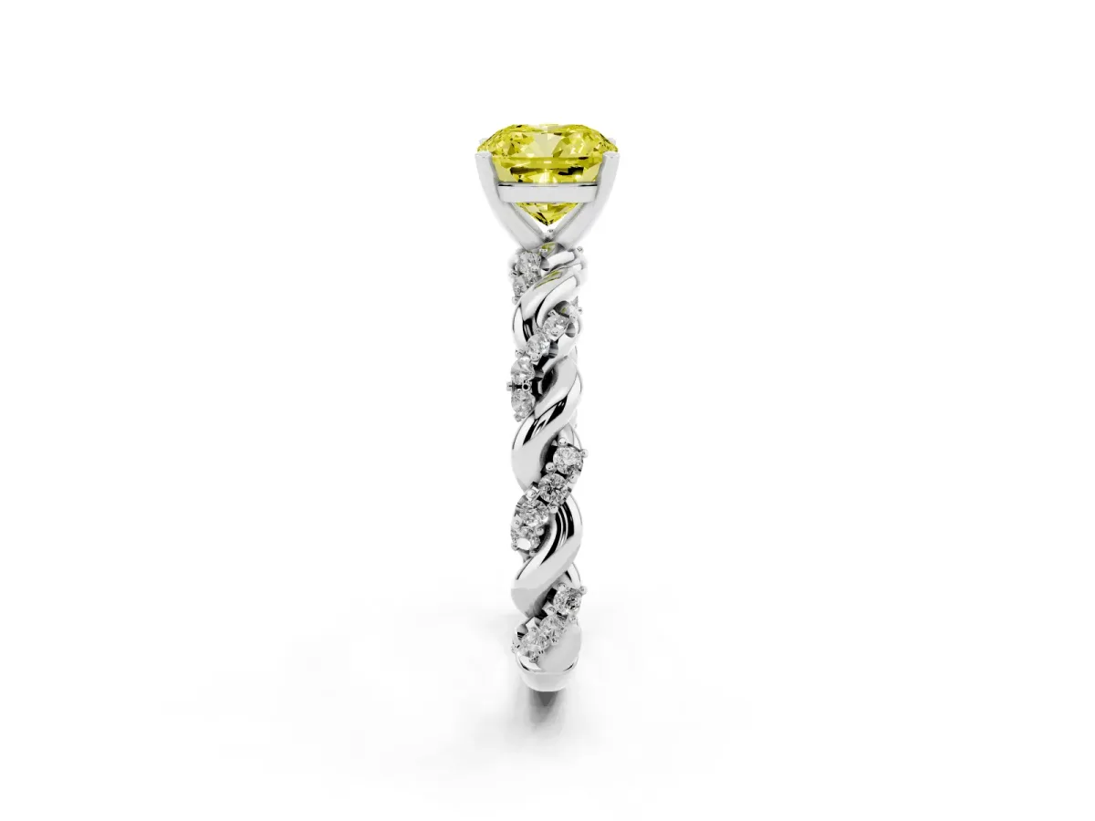 Fancy Yellow Cushion Cut Diamond Solitaire Ring with Twisted Band and Pavé Accents White gold