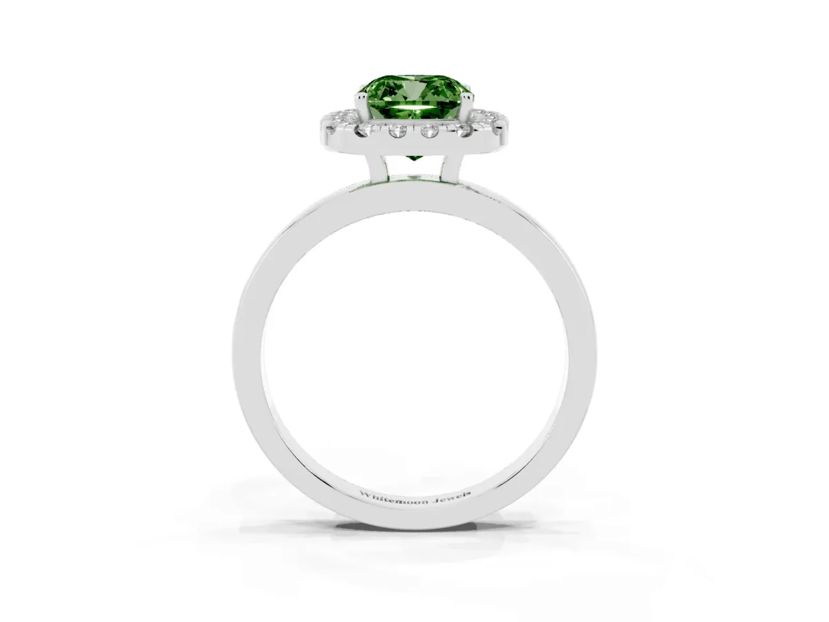 Fancy Green Cushion Cut Halo Diamond Solitaire with Pavé Band and Four-Prong Setting Silver