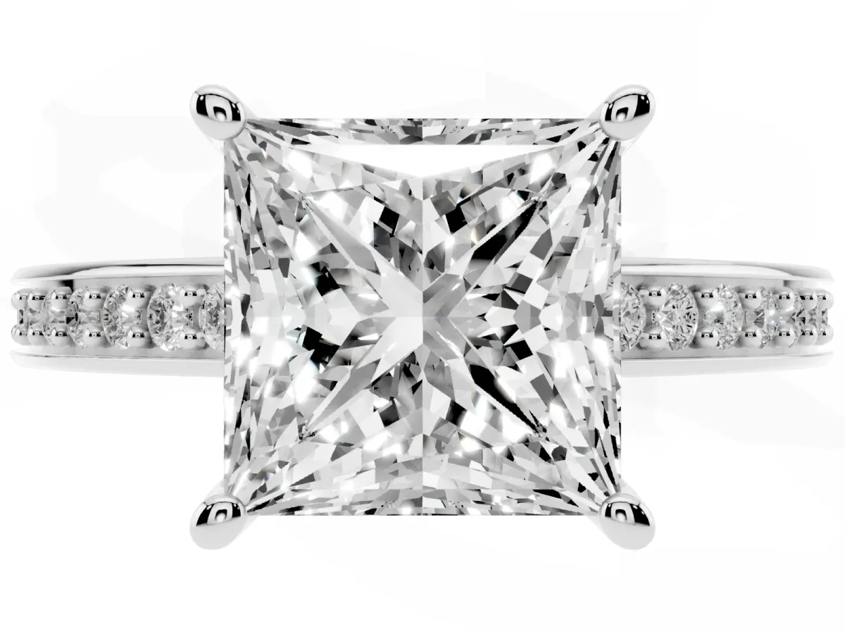 Princess Cut Solitaire Pavé Band Prong Setting Ring Silver