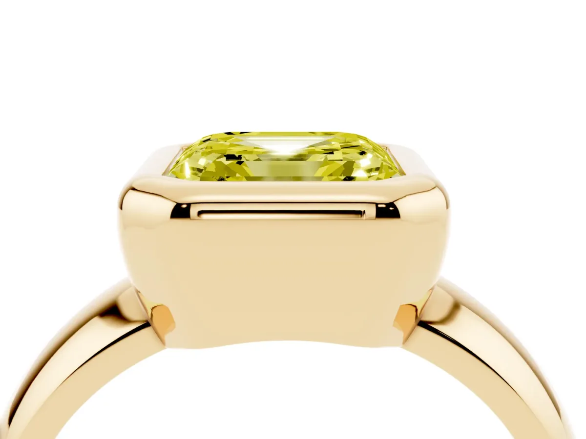 Fancy Yellow Bezel Set Asscher Cut Solitaire Ring with Wide Band Yellow gold