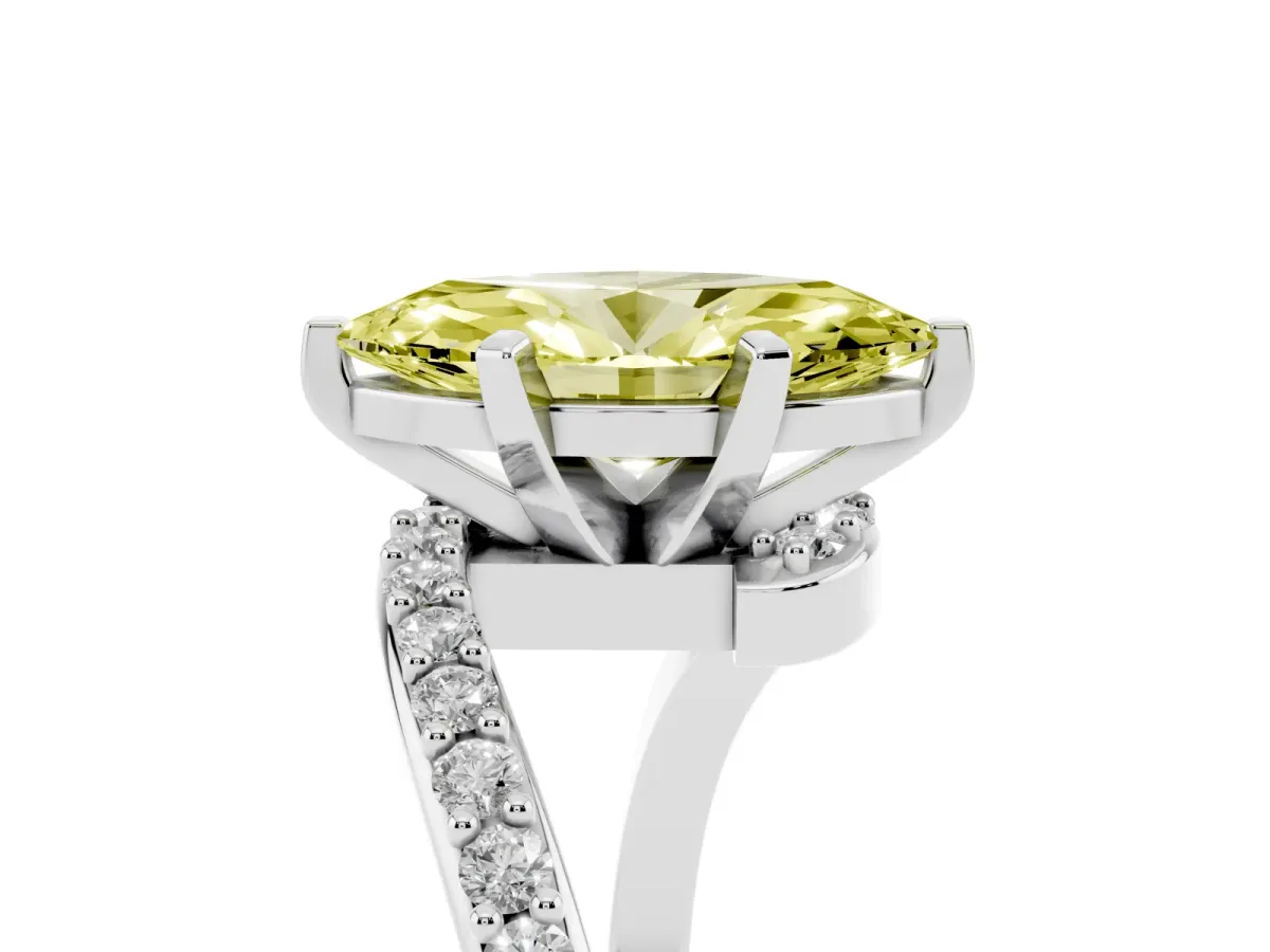 Fancy Yellow Marquise Cut Solitaire Twist Band with Pave Set Diamonds and Four-Prong Setting White gold