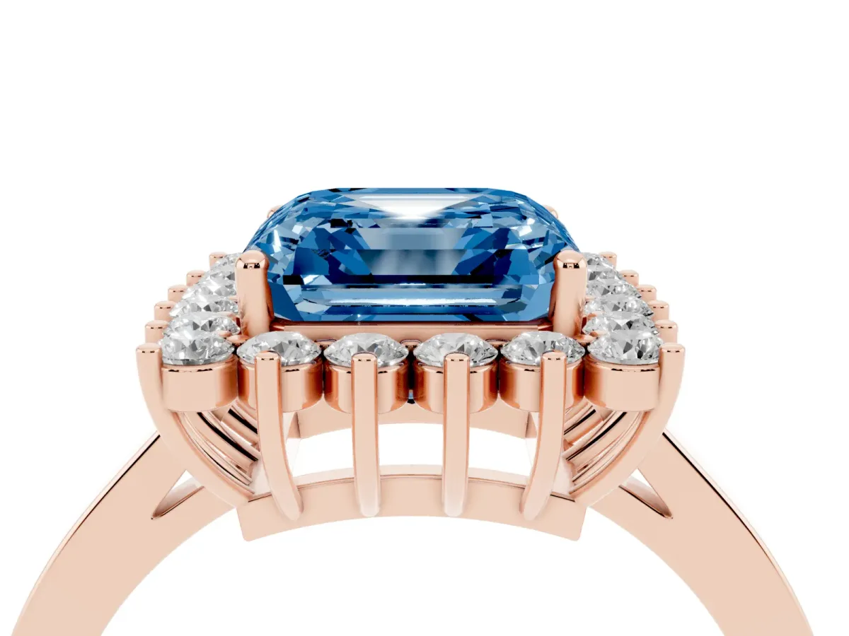 Fancy Blue Asscher Cut Cut Diamond Halo Ring with Round Brilliant Halo and Solitaire Band Rose gold