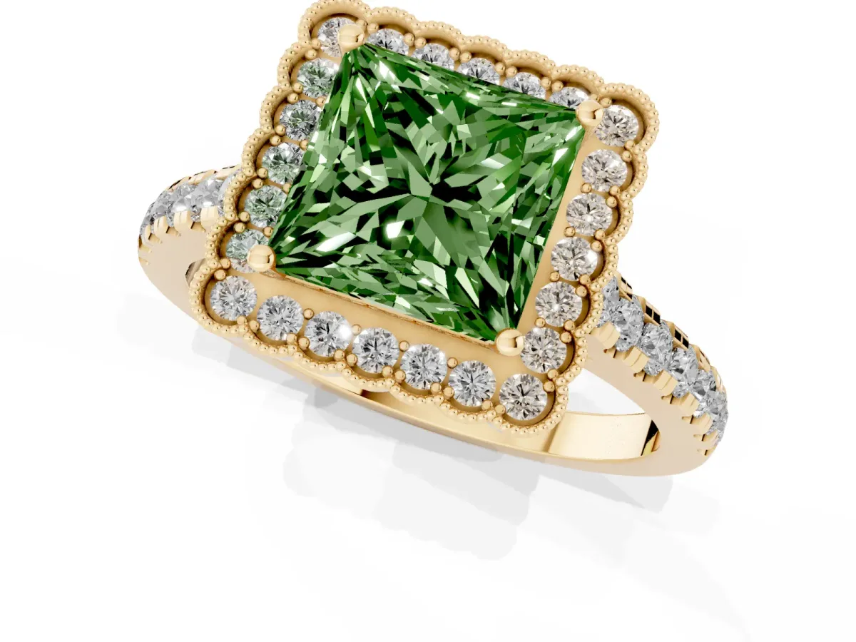 Fancy Green Princess Cut Cut Diamond Milgrain Floral Halo Engagement Ring with Pavé Band Yellow gold