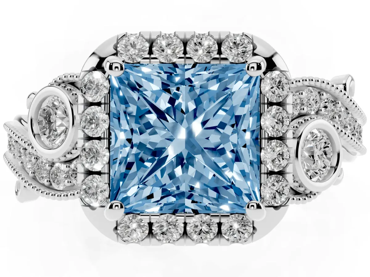 Fancy Blue Princess Cut Diamond Halo Ring with Milgrain Pavé Band and Four-Prong Setting White gold