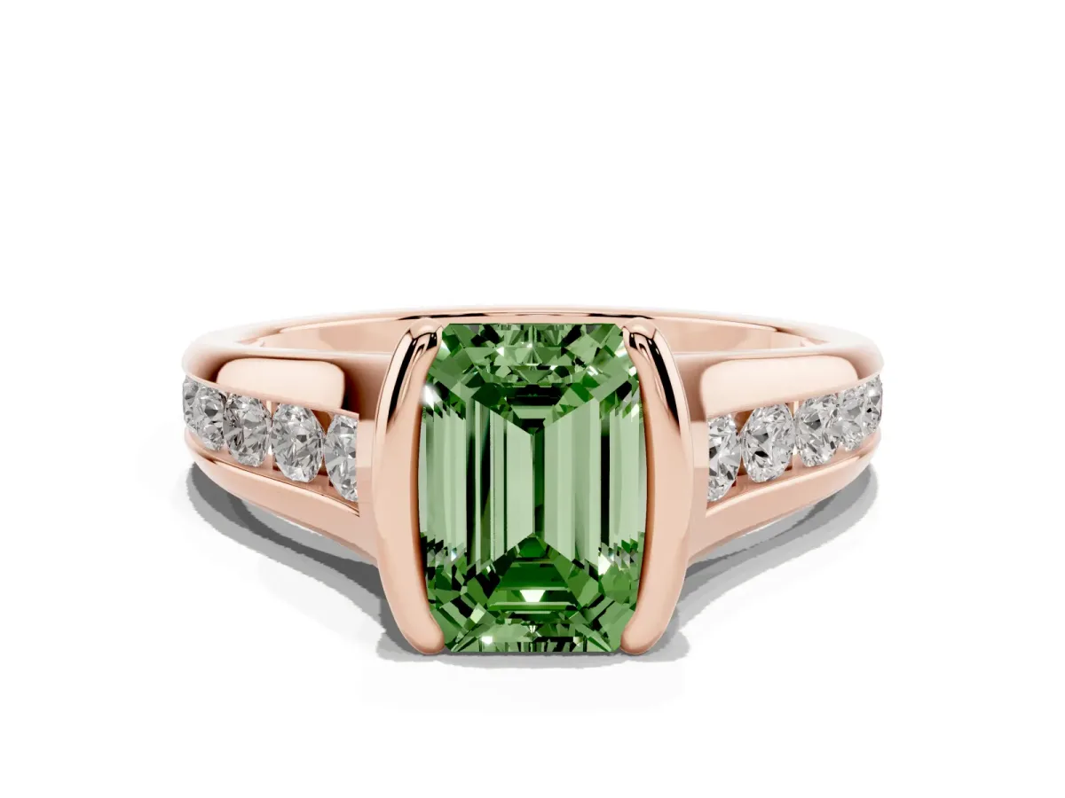 Fancy Green Emerald Cut Solitaire Bezel-Set Diamond Ring with Channel-Set Band Rose gold