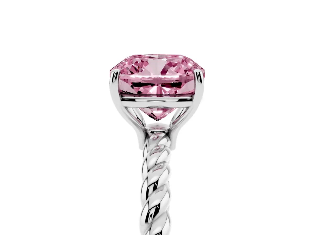 Fancy Pink Cushion Cut Solitaire Twisted Band 4-Prong Ring Platinum