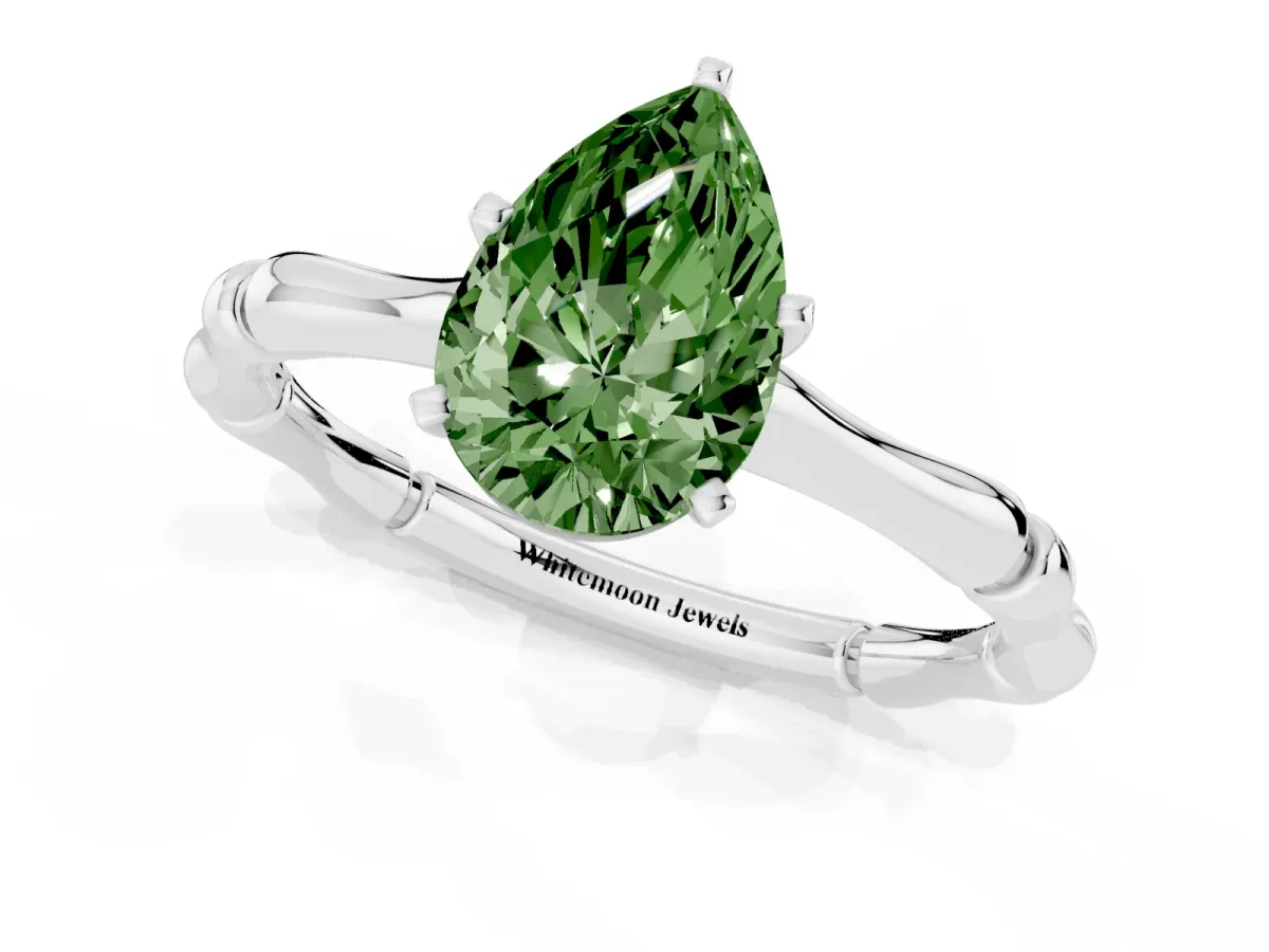 Fancy Green Pear Cut Solitaire Diamond Ring with Bamboo Band and Four-Prong Setting Silver