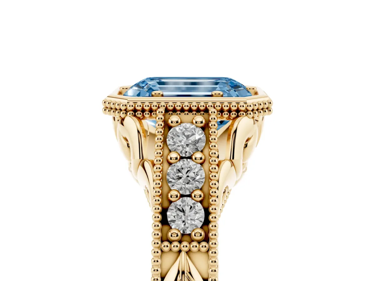 Fancy Blue Bezel Set Emerald Cut Diamond Milgrain Pave Engagement Ring Yellow gold